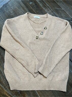 Cozy Camel V-Neck Button Accent Sweater